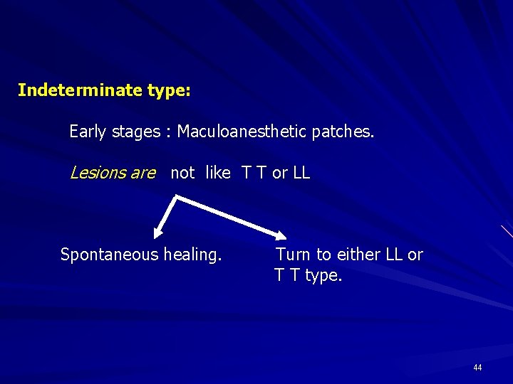 Indeterminate type: Early stages : Maculoanesthetic patches. Lesions are not like T T or