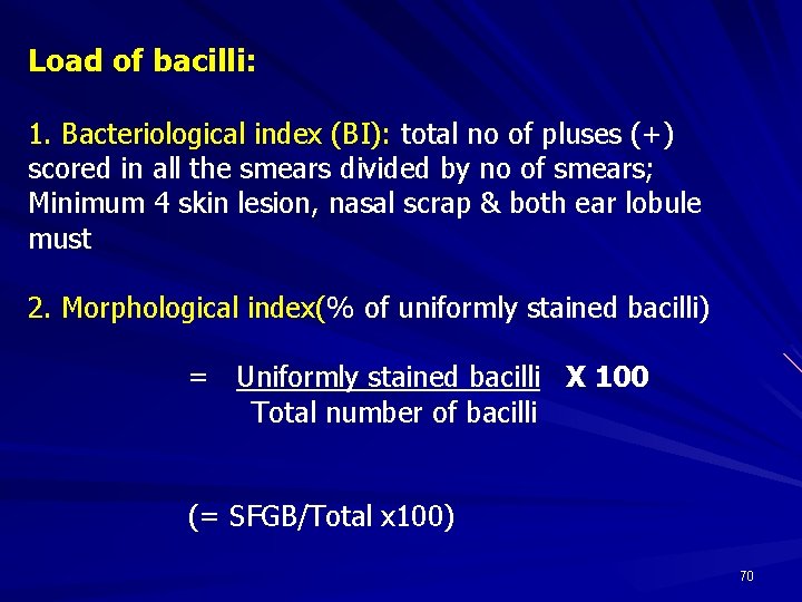 Load of bacilli: 1. Bacteriological index (BI): total no of pluses (+) scored in