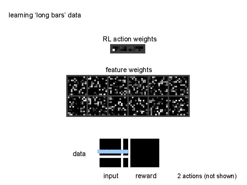 learning ‘long bars’ data RL action weights feature weights data input reward 2 actions