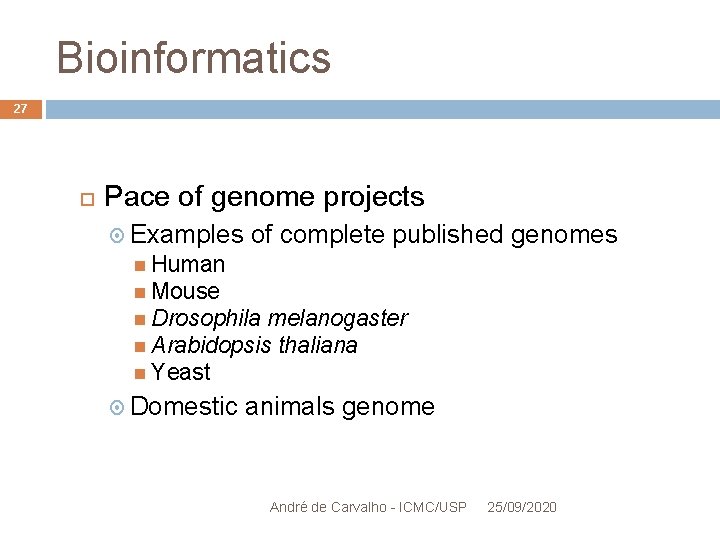 Bioinformatics 27 Pace of genome projects Examples of complete published genomes Human Mouse Drosophila