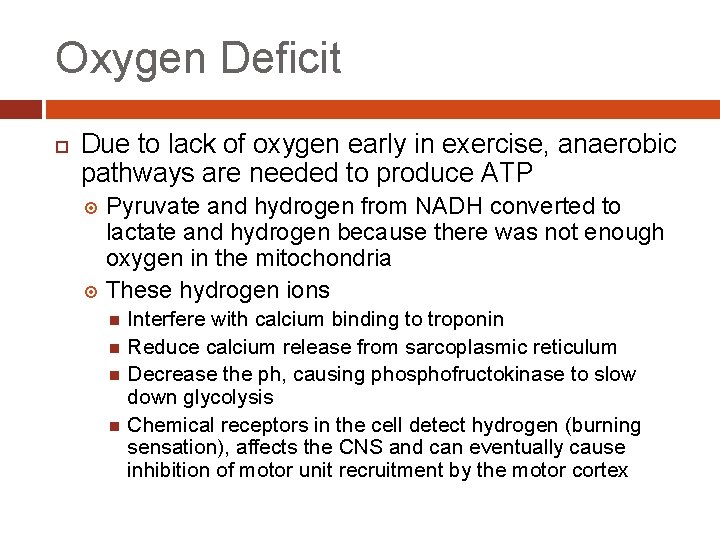 Oxygen Deficit Due to lack of oxygen early in exercise, anaerobic pathways are needed