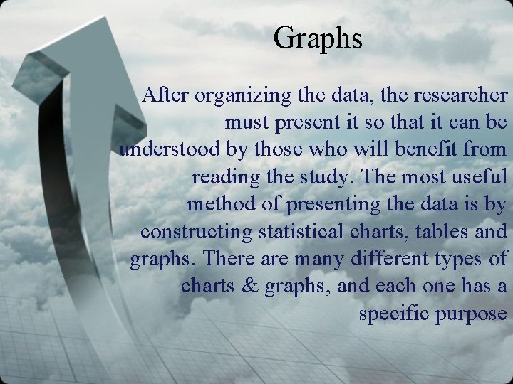 Graphs After organizing the data, the researcher must present it so that it can