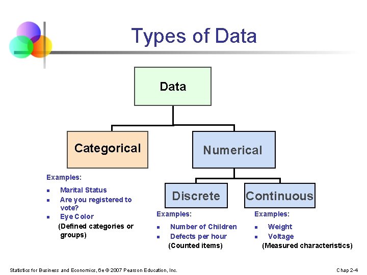 Types of Data Categorical Numerical Examples: Marital Status n Are you registered to vote?