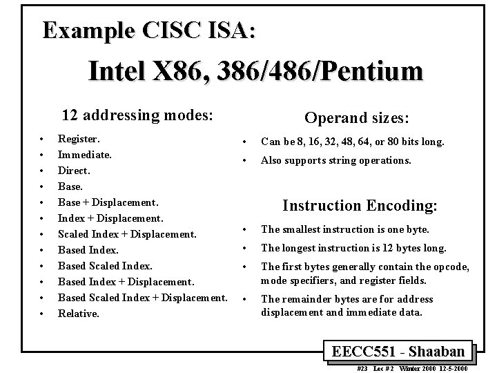 Example CISC ISA: Intel X 86, 386/486/Pentium 12 addressing modes: • • • Register.