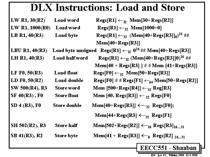 DLX Instructions: Load and Store LF F 0, 50(R 3) LD F 0, 50(R