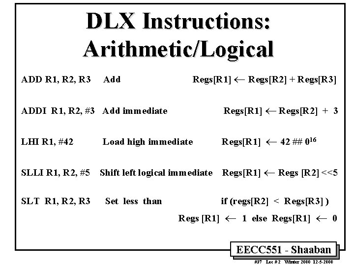 DLX Instructions: Arithmetic/Logical ADD R 1, R 2, R 3 Regs[R 1] ¬ Regs[R