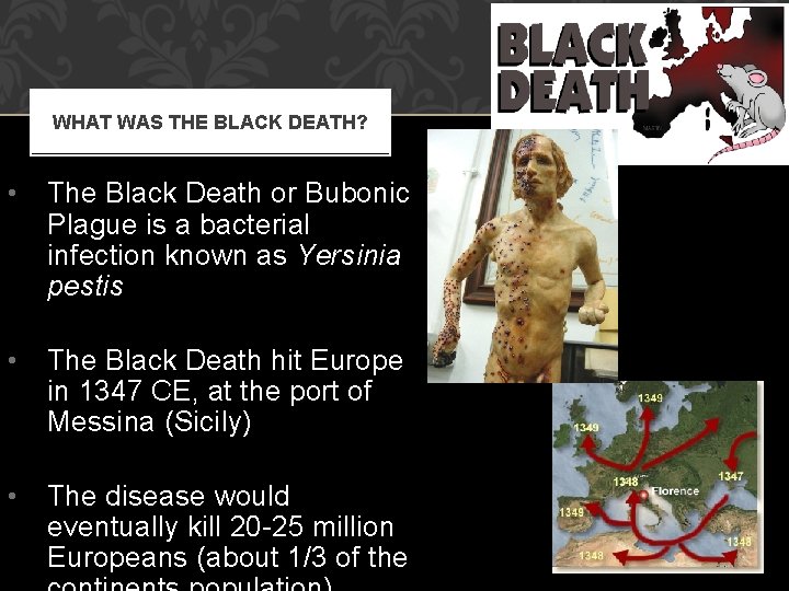 WHAT WAS THE BLACK DEATH? • The Black Death or Bubonic Plague is a
