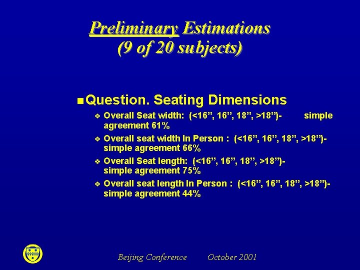 Preliminary Estimations (9 of 20 subjects) n Question. v v Seating Dimensions Overall Seat