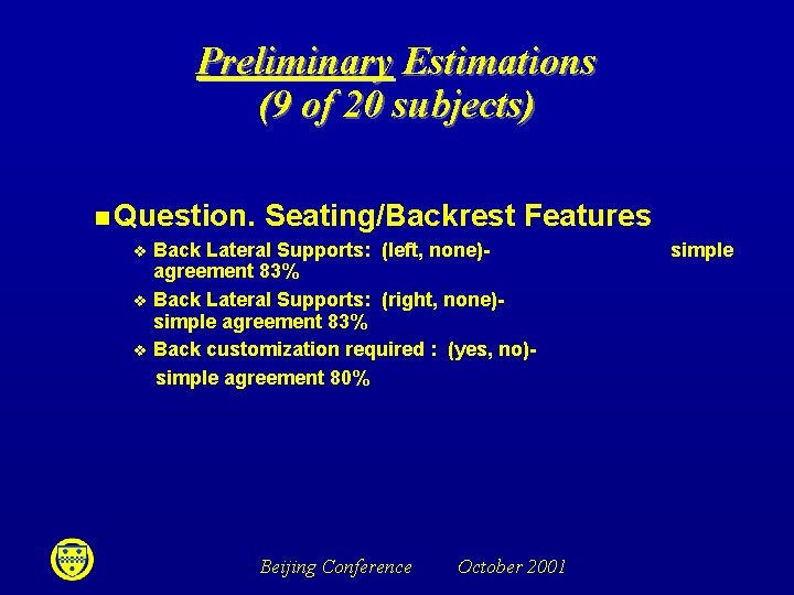 Preliminary Estimations (9 of 20 subjects) n Question. v v v Seating/Backrest Features Back