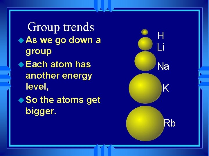 Group trends u As we go down a group u Each atom has another