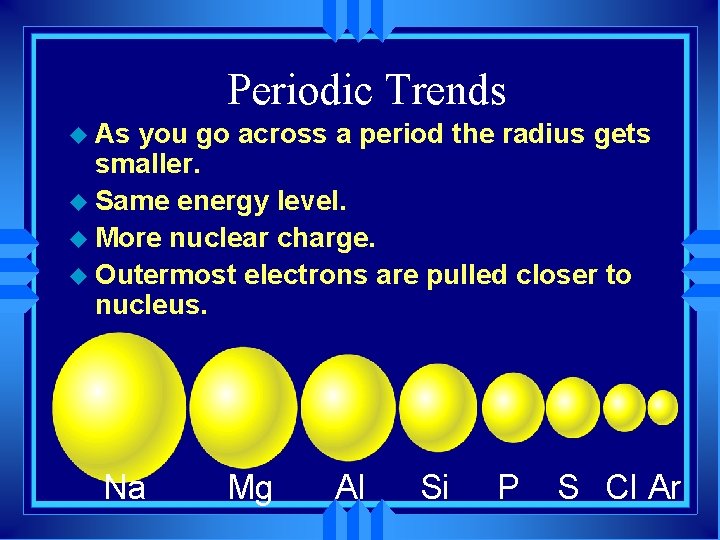 Periodic Trends u As you go across a period the radius gets smaller. u