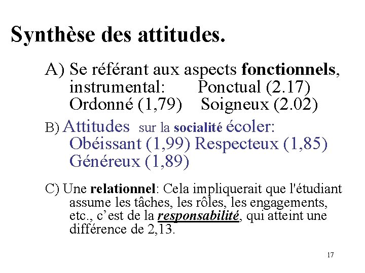 Synthèse des attitudes. A) Se référant aux aspects fonctionnels, instrumental: Ponctual (2. 17) Ordonné