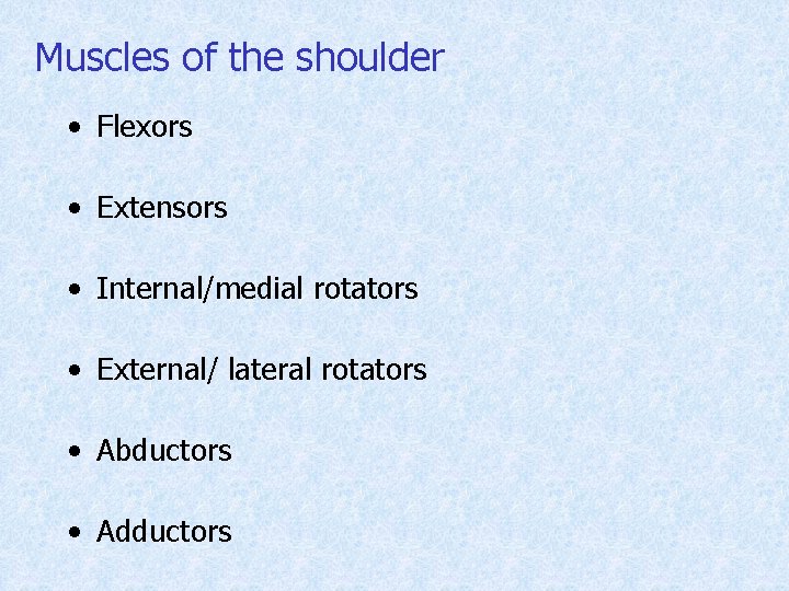 Muscles of the shoulder • Flexors • Extensors • Internal/medial rotators • External/ lateral