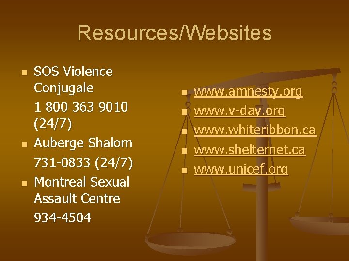 Resources/Websites n n n SOS Violence Conjugale 1 800 363 9010 (24/7) Auberge Shalom