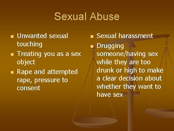 Sexual Abuse n n n Unwanted sexual touching Treating you as a sex object