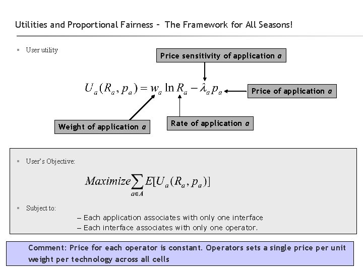 Utilities and Proportional Fairness – The Framework for All Seasons! § User utility Price