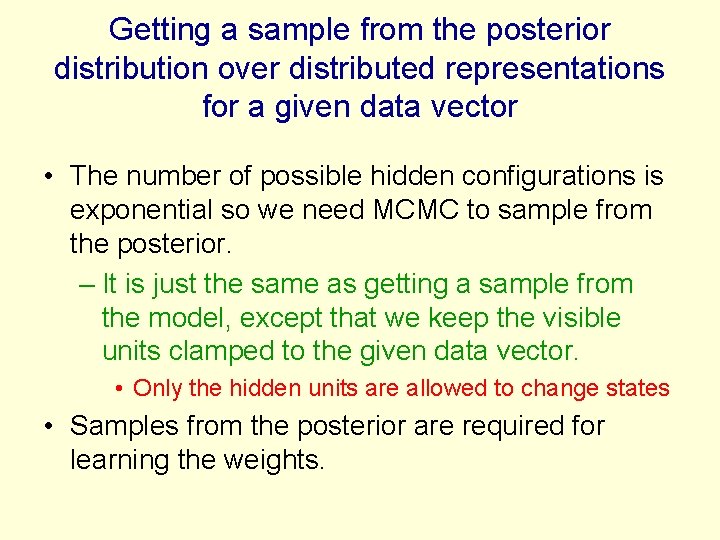 Getting a sample from the posterior distribution over distributed representations for a given data
