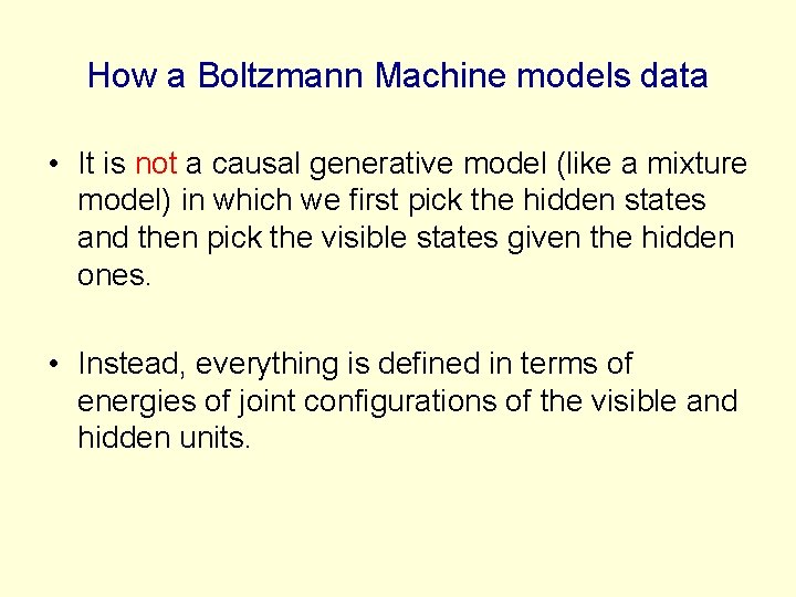 How a Boltzmann Machine models data • It is not a causal generative model