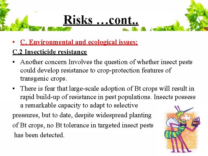 Risks …cont. . • C. Environmental and ecological issues; C. 2 Insecticide resistance •
