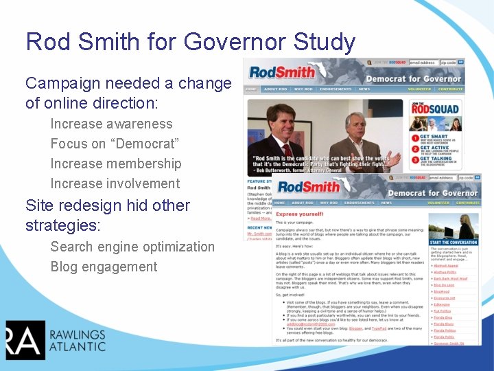 Rod Smith for Governor Study Campaign needed a change of online direction: Increase awareness