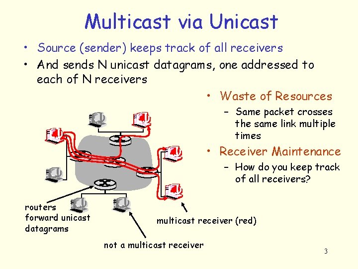 Multicast via Unicast • Source (sender) keeps track of all receivers • And sends