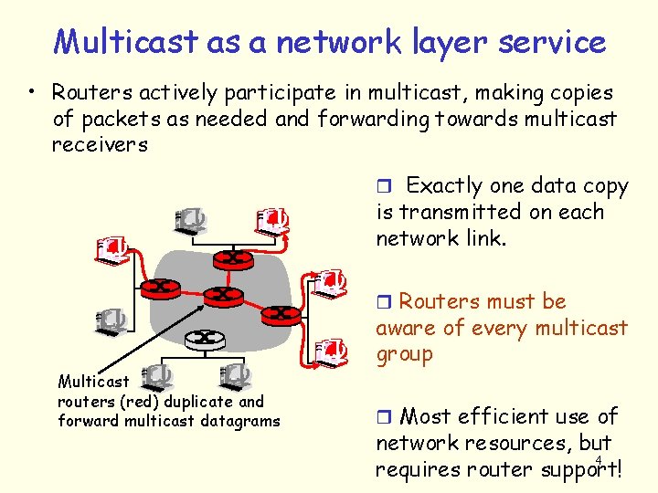 Multicast as a network layer service • Routers actively participate in multicast, making copies