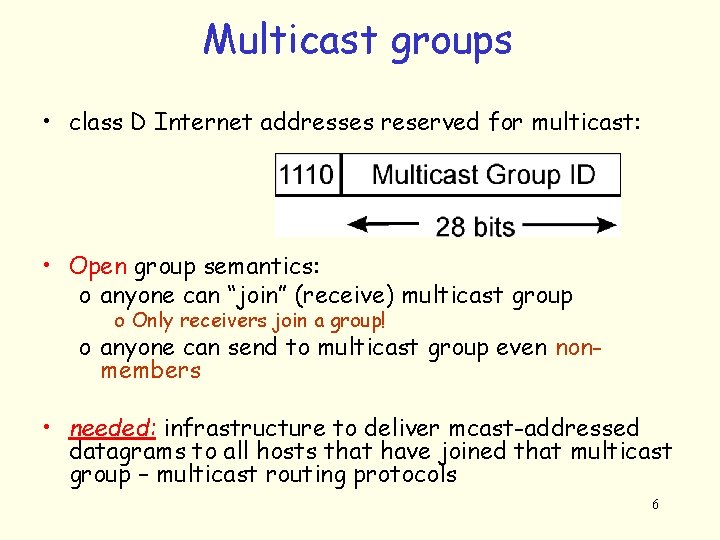 Multicast groups • class D Internet addresses reserved for multicast: • Open group semantics: