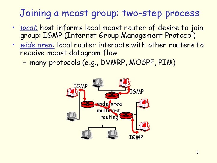 Joining a mcast group: two-step process • local: host informs local mcast router of