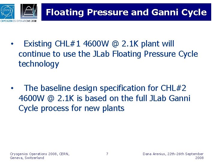 Floating Pressure and Ganni Cycle • Existing CHL#1 4600 W @ 2. 1 K