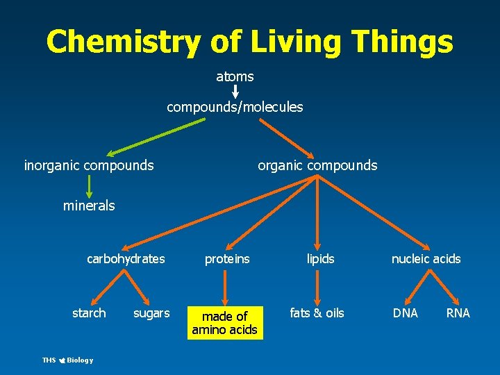 Chemistry of Living Things atoms compounds/molecules inorganic compounds minerals carbohydrates starch THS Biology sugars