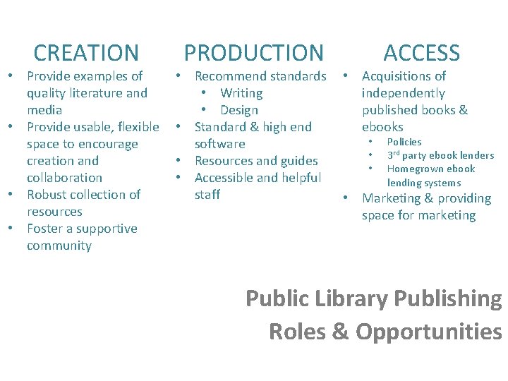 CREATION • Provide examples of quality literature and media • Provide usable, flexible space