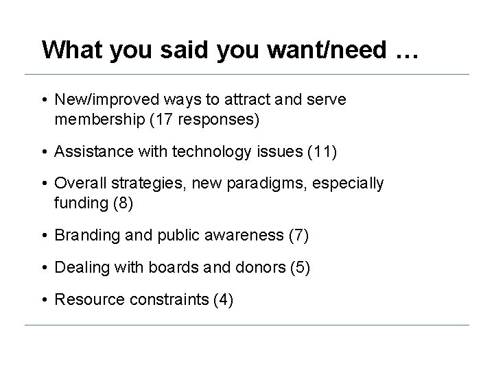 What you said you want/need … • New/improved ways to attract and serve membership