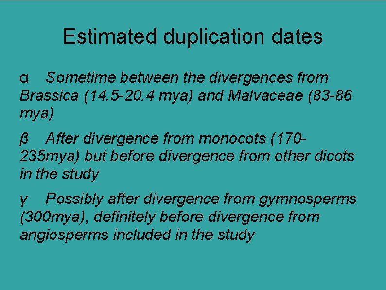 Estimated duplication dates α Sometime between the divergences from Brassica (14. 5 -20. 4