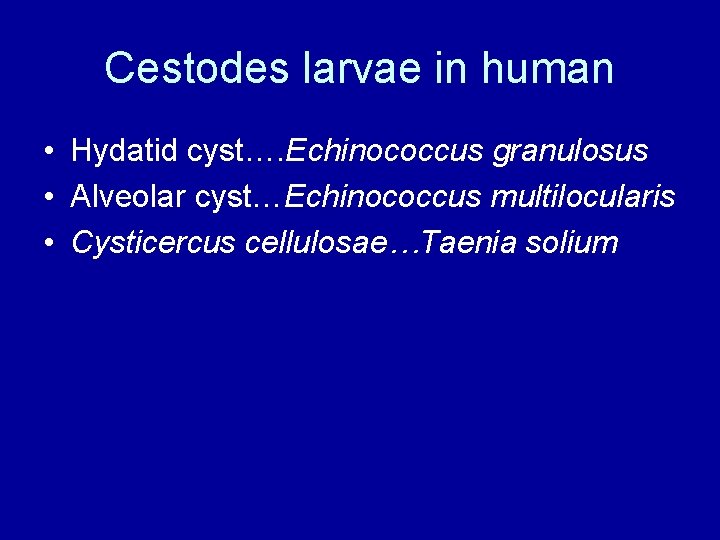 Cestodes larvae in human • Hydatid cyst…. Echinococcus granulosus • Alveolar cyst…Echinococcus multilocularis •