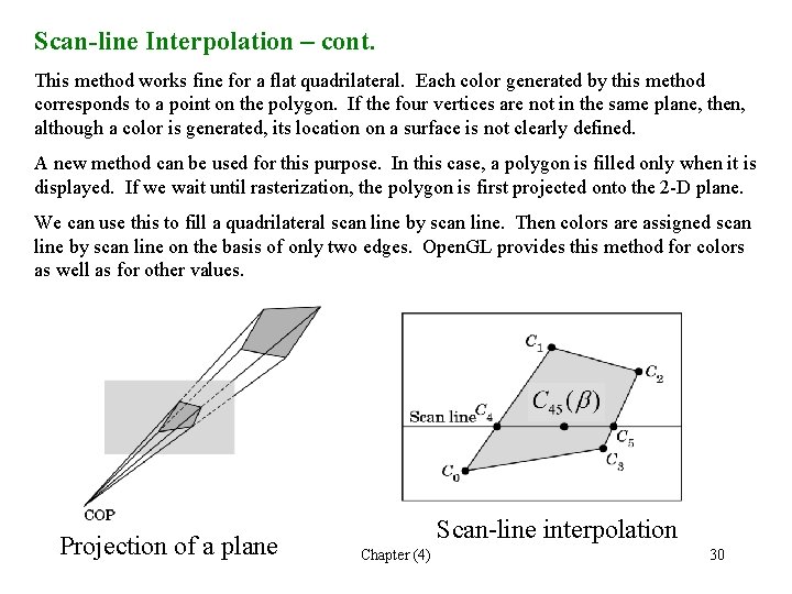 Scan-line Interpolation – cont. This method works fine for a flat quadrilateral. Each color