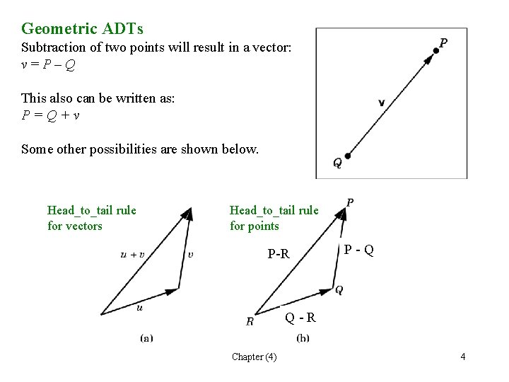 Geometric ADTs Subtraction of two points will result in a vector: v=P–Q This also Geometric ADTs Subtraction of two points will result in a vector: v=P–Q This also