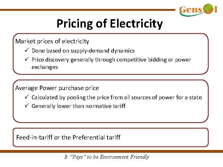 Pricing of Electricity Market prices of electricity ü Done based on supply-demand dynamics ü