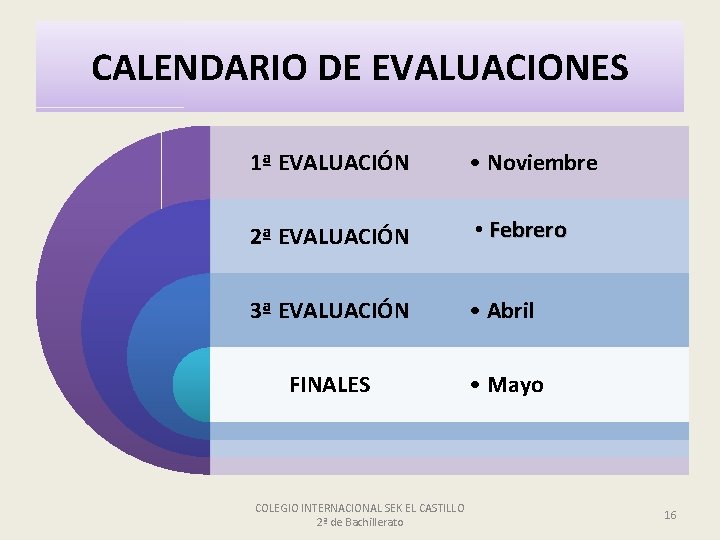 CALENDARIO DE EVALUACIONES 1ª EVALUACIÓN • Noviembre 2ª EVALUACIÓN • Febrero 3ª EVALUACIÓN •