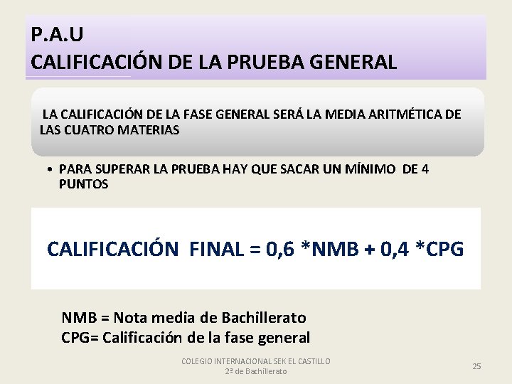 P. A. U CALIFICACIÓN DE LA PRUEBA GENERAL LA CALIFICACIÓN DE LA FASE GENERAL