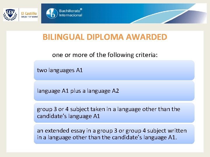 BILINGUAL DIPLOMA AWARDED one or more of the following criteria: two languages A 1