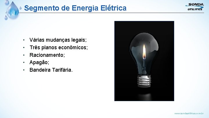 Segmento de Energia Elétrica • • • Várias mudanças legais; Três planos econômicos; Racionamento;