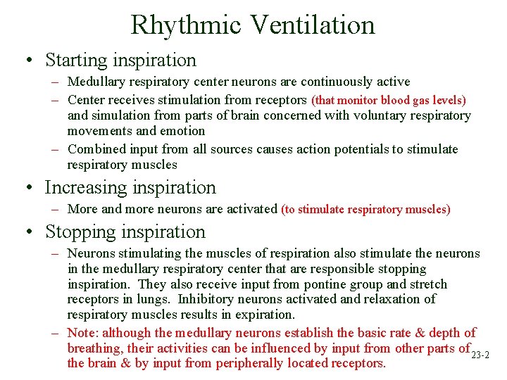 Rhythmic Ventilation • Starting inspiration – Medullary respiratory center neurons are continuously active –