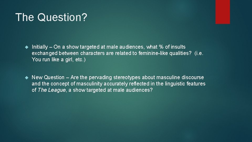 The Question? Initially – On a show targeted at male audiences, what % of