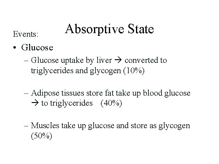 Events: Absorptive State • Glucose – Glucose uptake by liver converted to triglycerides and