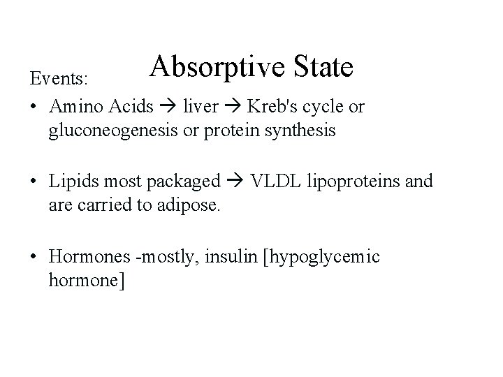 Absorptive State Events: • Amino Acids liver Kreb's cycle or gluconeogenesis or protein synthesis