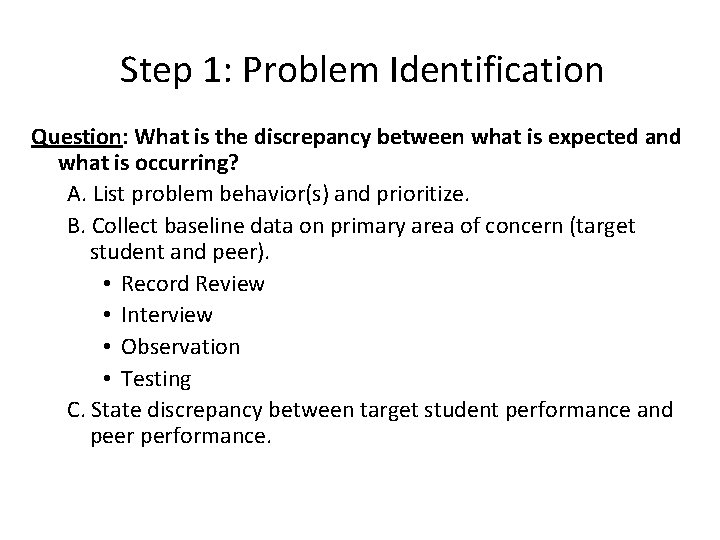 Step 1: Problem Identification Question: What is the discrepancy between what is expected and