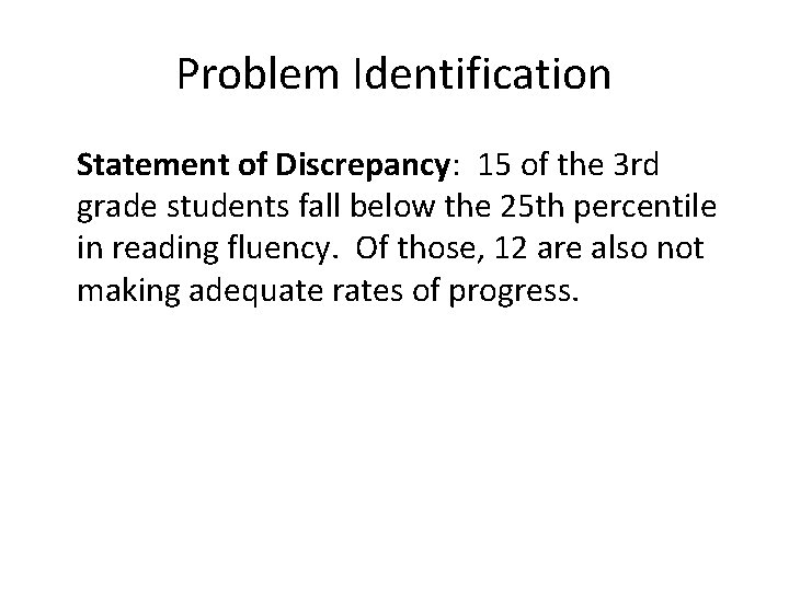 Problem Identification Statement of Discrepancy: 15 of the 3 rd grade students fall below