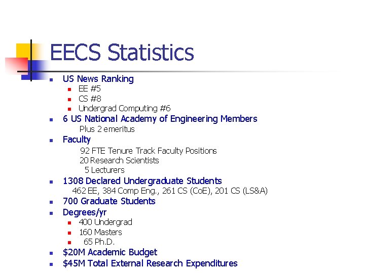 EECS Statistics n US News Ranking n n EE #5 CS #8 Undergrad Computing