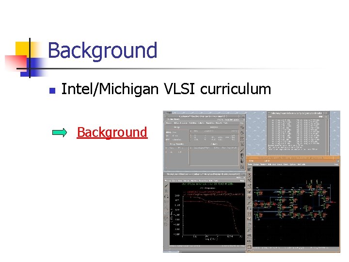 Background n Intel/Michigan VLSI curriculum Background 