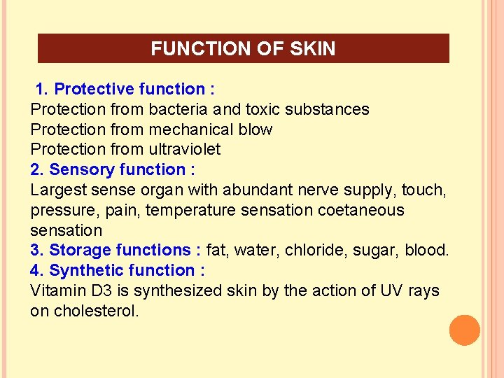 FUNCTION OF SKIN 1. Protective function : Protection from bacteria and toxic substances Protection